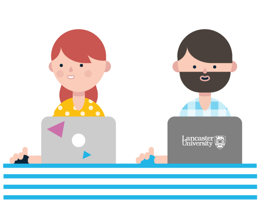 An image from the university explainer video showing two people working on the Applied computing module at Lancaster University